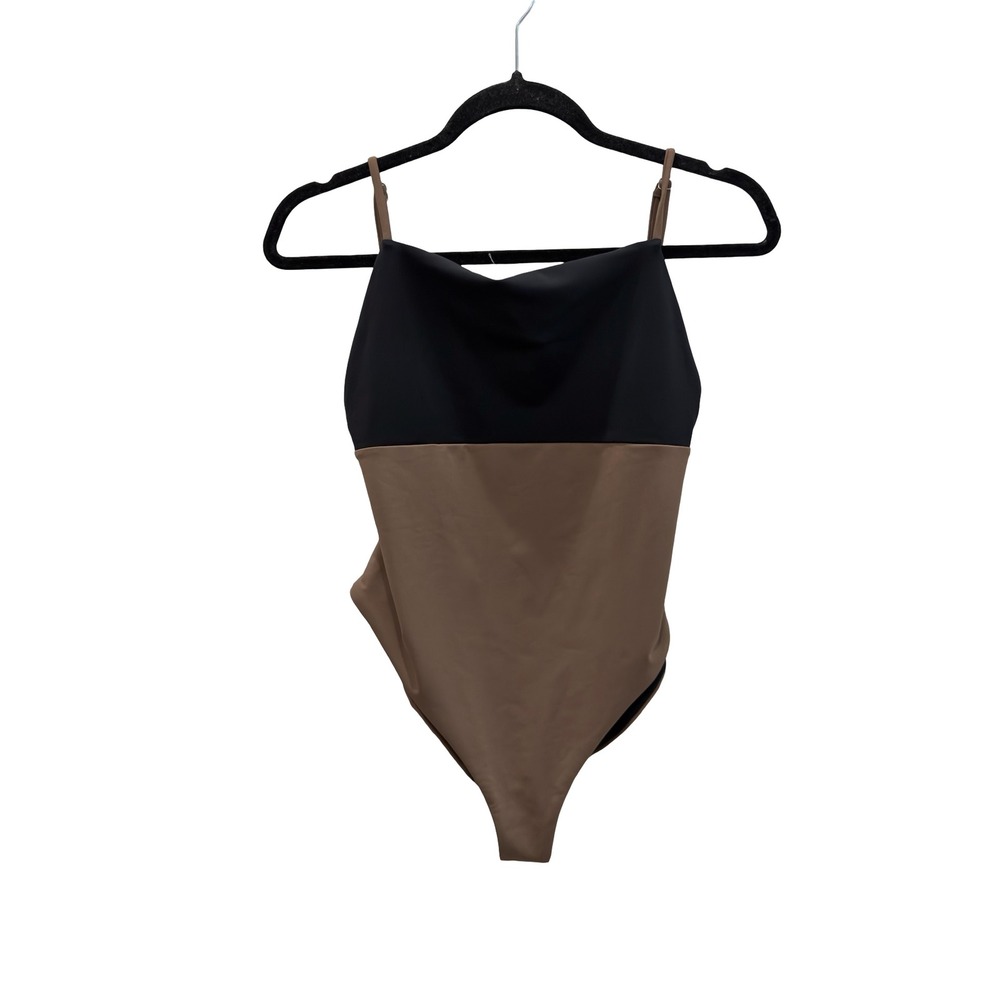 Mara Hoffman Colorblock Cowl Neck One Piece Swimsuit Black Brown Bodysuit